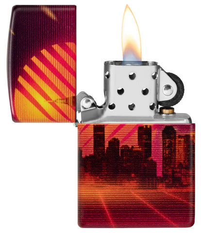 Zippo Cyber City Design 540 Color Matte Windproof Lighter  with its lid open and lit.