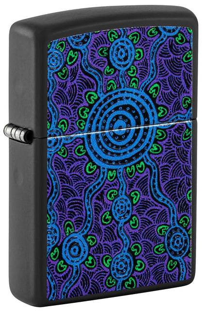 Front shot of Zippo John Smith Gumbula Black Light Design Black Matte Windproof Lighter standing at a 3/4 angle.