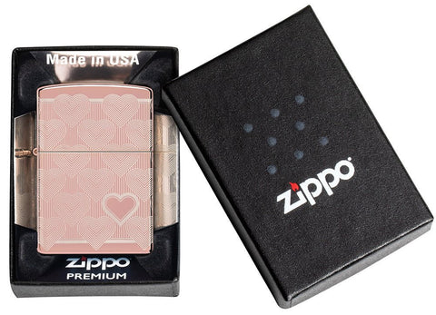 Heart Design High Polish Rose Gold Windproof Lighter in its packaging.