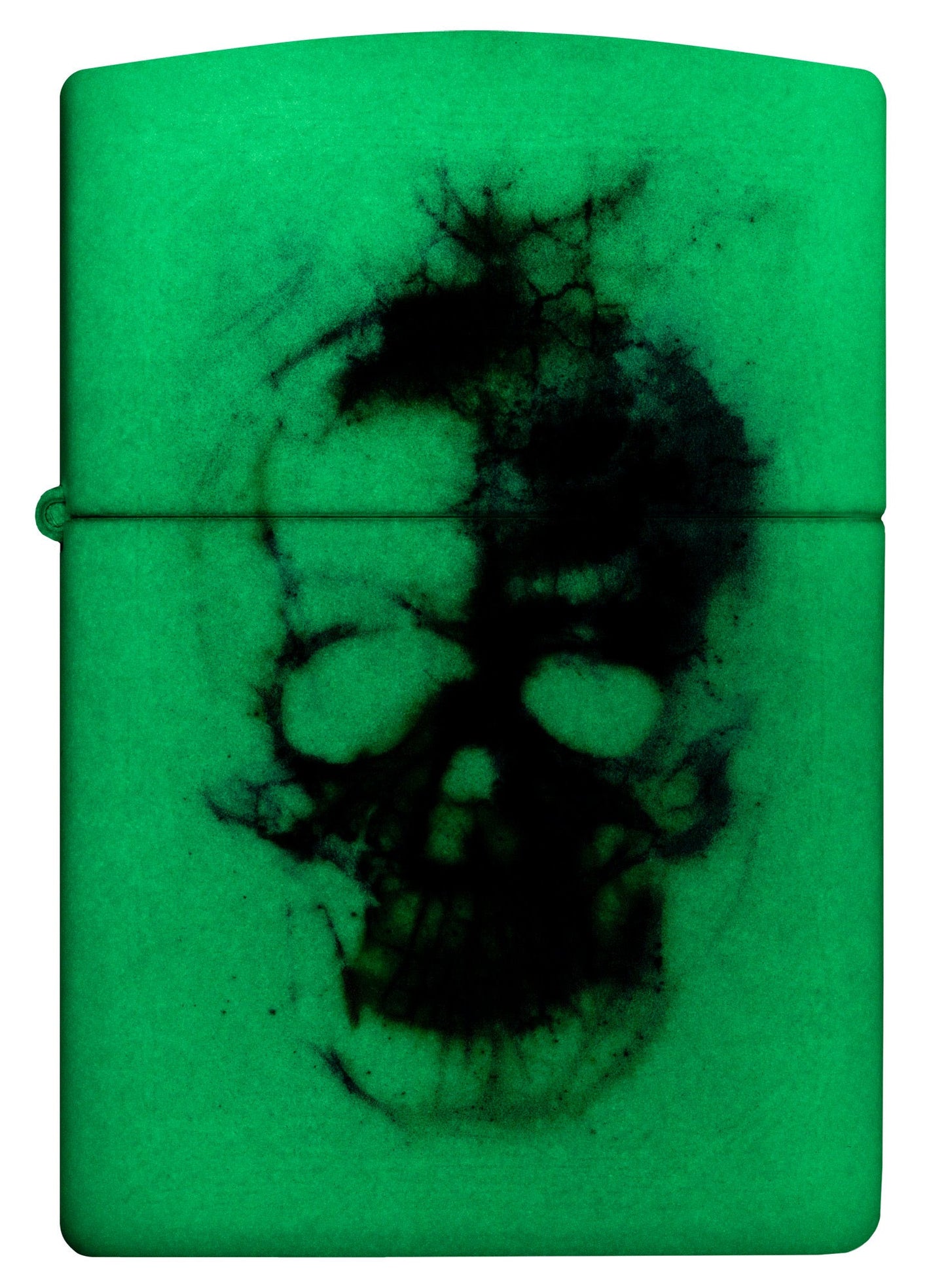 Front view of Zippo Zippo Skull Print Design Glow in the Dark Matte Windproof Lighter glowing in the dark.