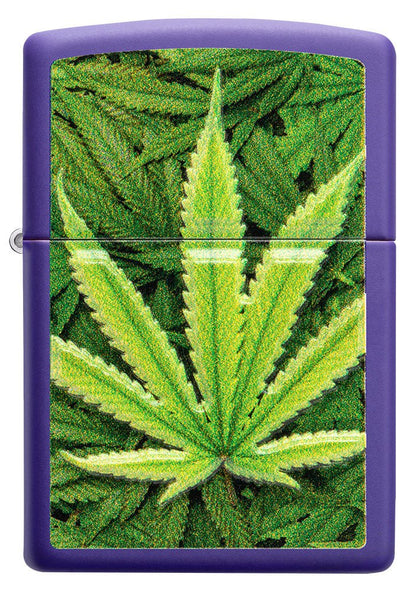 Front view of Cannabis Design Texture Print Leaf Purple Matte Windproof Lighter.