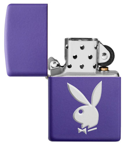 Playboy Texture Purple Matte Windproof Lighter with its lid open and unlit