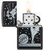 Windy Design High Polish Black Windproof Lighter with its lid open and lit.