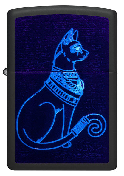 Front view of Zippo Black Light Spiritual Cat Design Black Matte Windproof Lighter glowing with a black light.