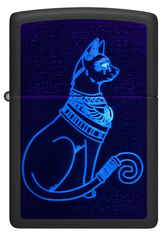 Front view of Zippo Black Light Spiritual Cat Design Black Matte Windproof Lighter glowing with a black light.