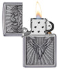Eagle Shield Emblem Design Street Chrome™ Windproof Lighter with its lid open and lit