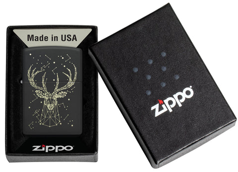 Deer Constellation Design Black Matte Windproof Lighter in its packaging.