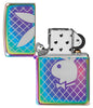 Playboy Bunny Logo Multi Color Windproof Lighter with its lid open and unlit