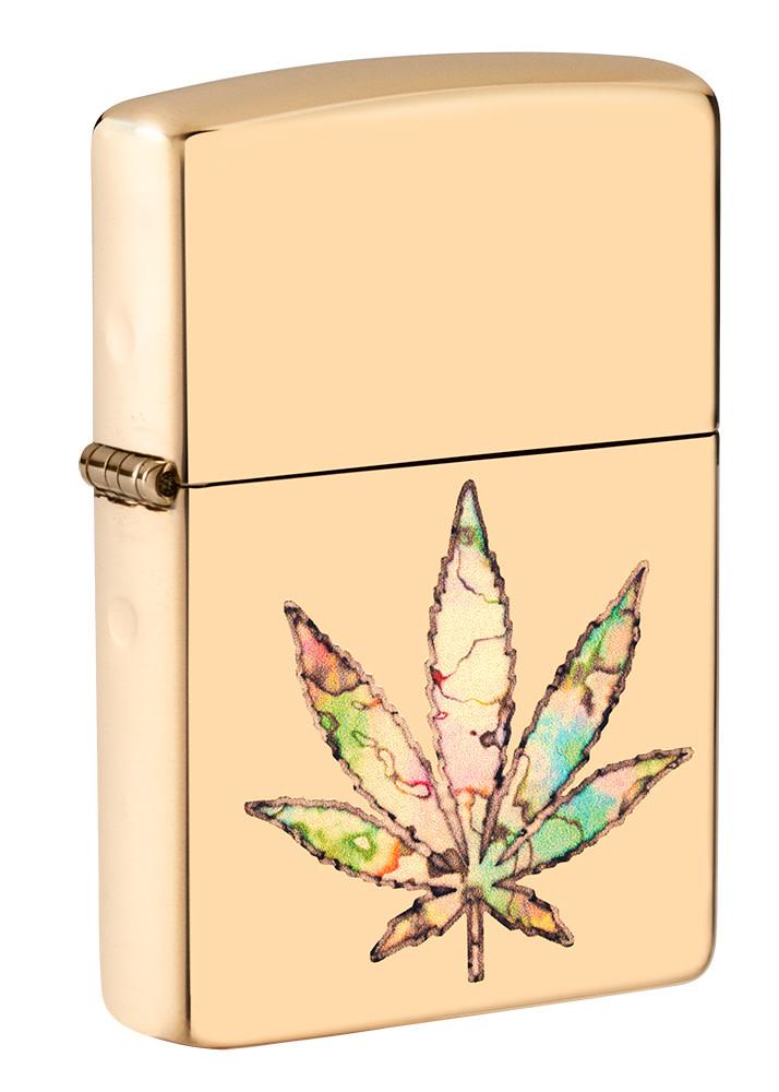 Front shot of Pot Leaf Fusion Design Windproof Lighter standing at a 3/4 angle