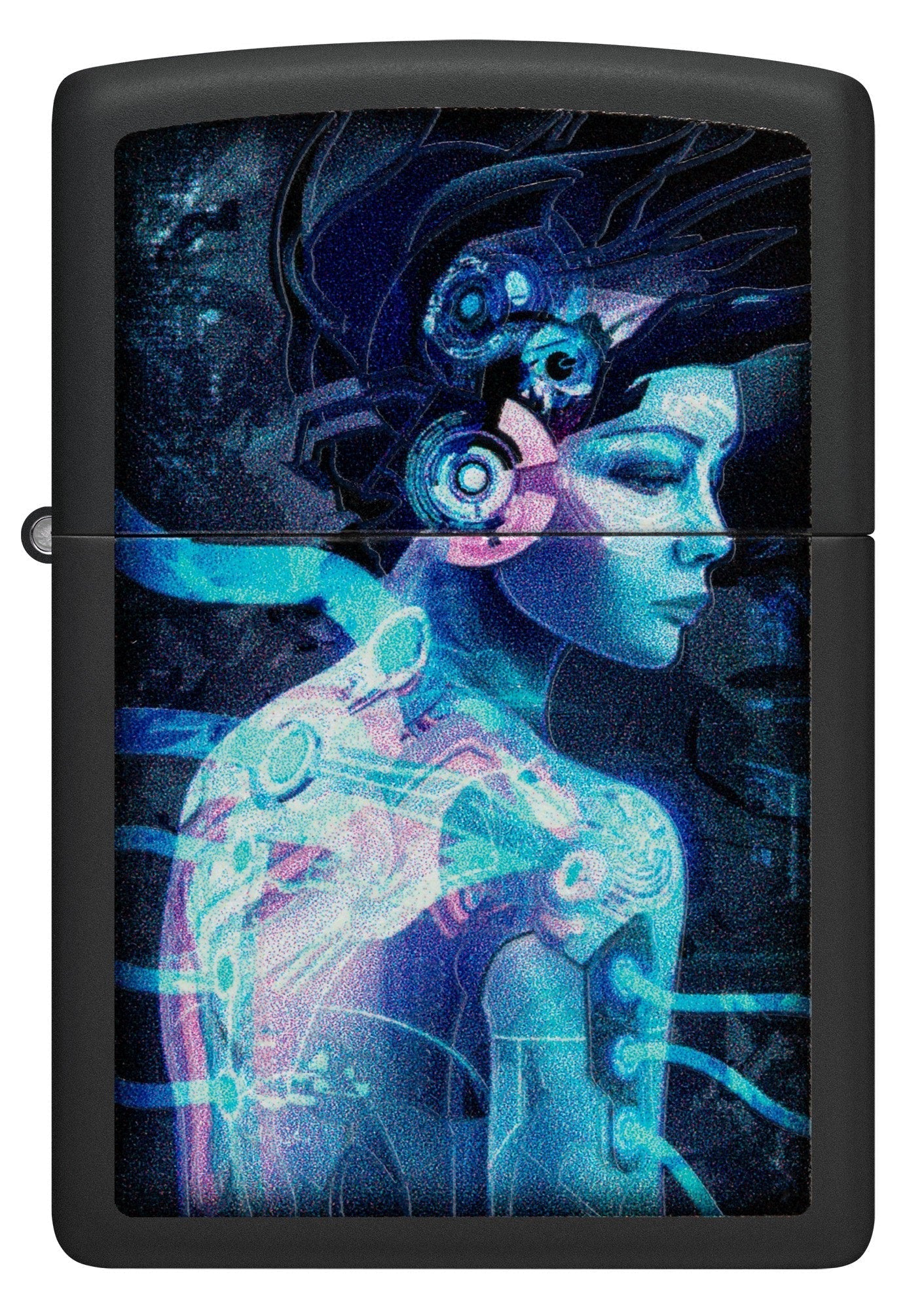 Front view of Zippo Black Light Cyber Woman Design Black Matte Windproof Lighter.