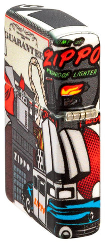 Zippo I Spy 540 Color Windproof Lighter standing at an angle, showing the back and hinge side of the lighters design