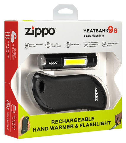 Black HeatBank™ 9s Rechargeable Hand Warmer & Flashlight in it's packaging, standing at a 3/4 angle.