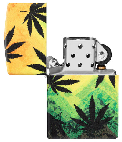 Cannabis Design 540 Color Windproof Lighter with its lid open and unlit.