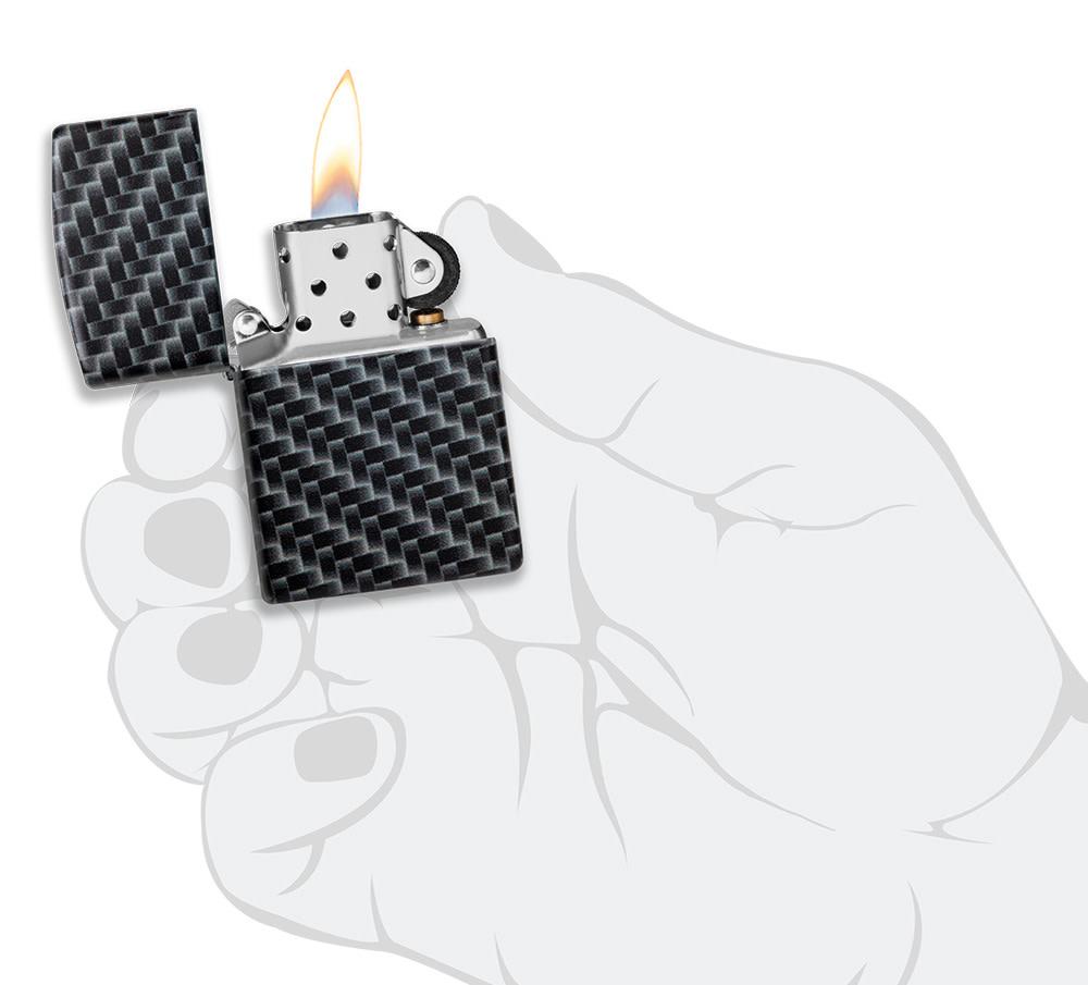 Carbon Fiber Design Windproof Lighter lit in hand