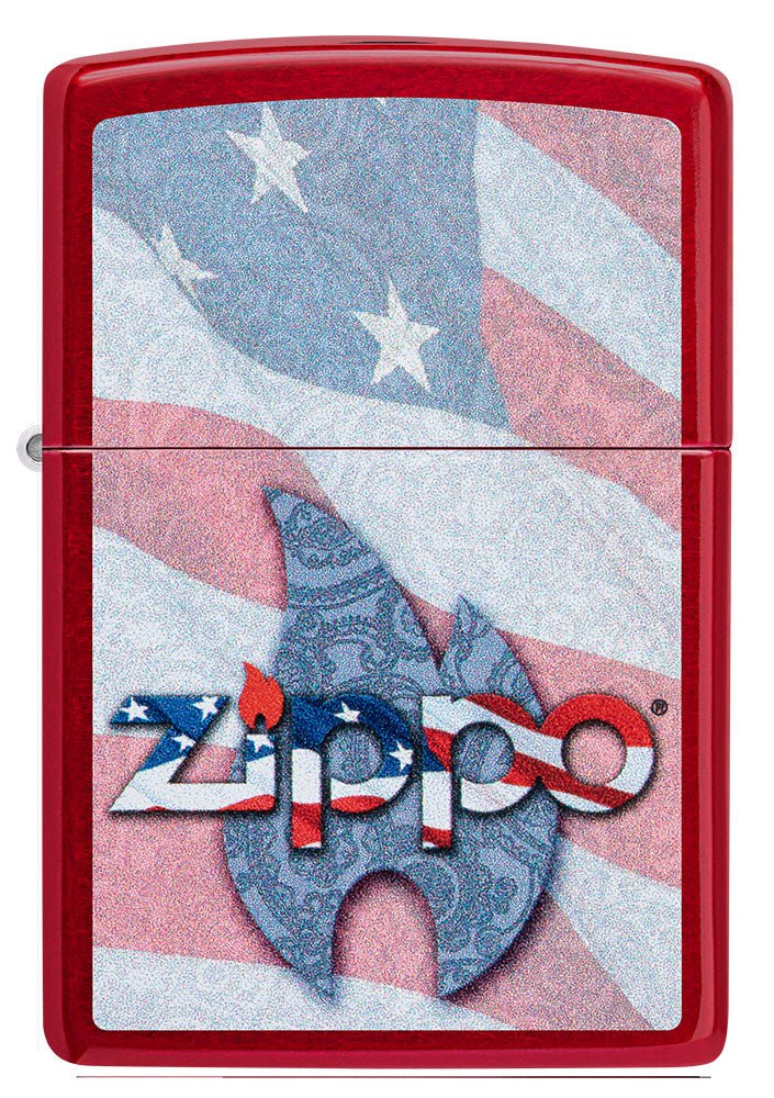 Front shot of Zippo Flag Design Candy Apple Red Windproof Lighter.