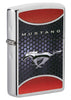 Front shot of Ford Mustang Brushed Chrome Windproof Lighter standing at a 3/4 angle.