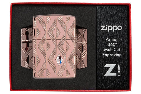 Geometric Diamond Pattern Design Armor® Rose Gold Windproof Lighter in its packaging.