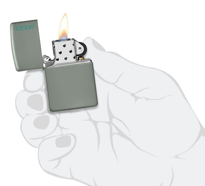 Classic Sage Zippo Logo Windproof Lighter lit in hand.