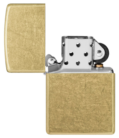 Zippo Street Brass Classic Windproof Lighter with its lid open and unlit.