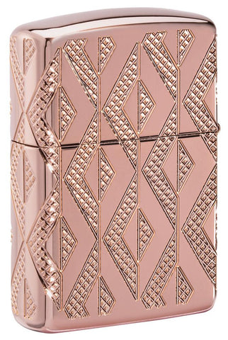 Back shot of Geometric Diamond Pattern Design Armor® Rose Gold Windproof Lighter standing at a 3/4 angle.
