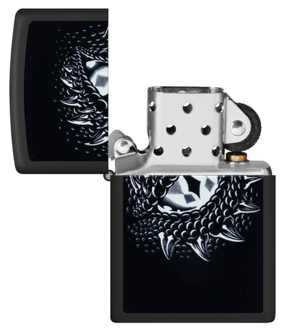 Zippo Black Light Dragon Eye Design Black Matte Windproof Lighter  with its lid open and unlit.