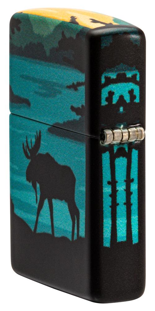 Moose Landscape Design 540 Color Windproof Lighter standing at an angle, showing the back and hinge side of the lighters design