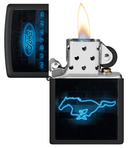 Ford Mustang Neon Logo Black Matte Windproof Lighter with its lid open and lit.