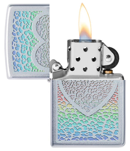 Heart Design Satin Chrome Windproof Lighter with its lid open and lit.