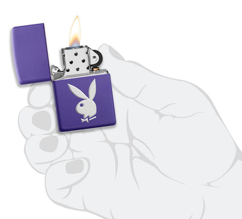 Playboy Texture Purple Matte Windproof Lighter lit in hand