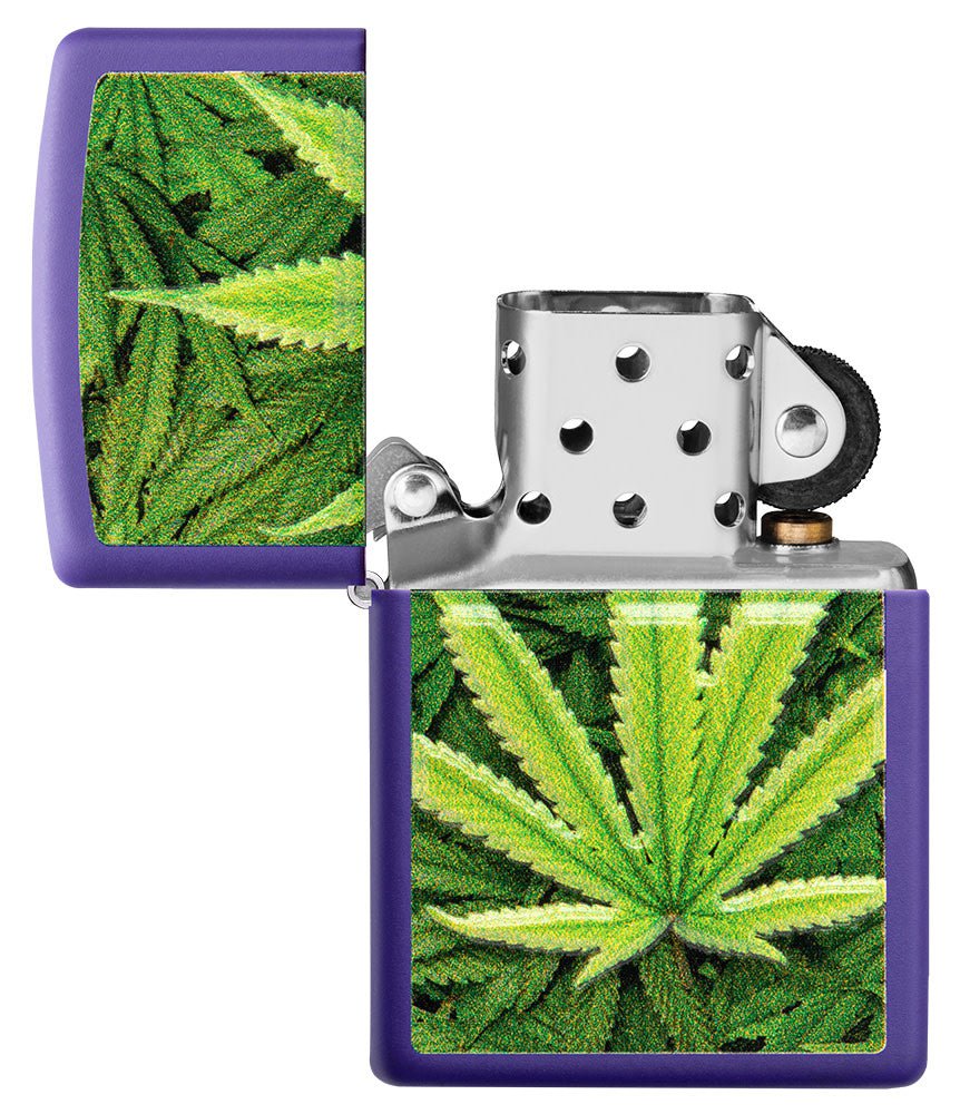 Cannabis Design Texture Print Leaf Purple Matte Windproof Lighter with its lid open and unlit.