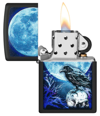 Moonlight Crow Design Black Matte Windproof Lighter with its lid open and lit.