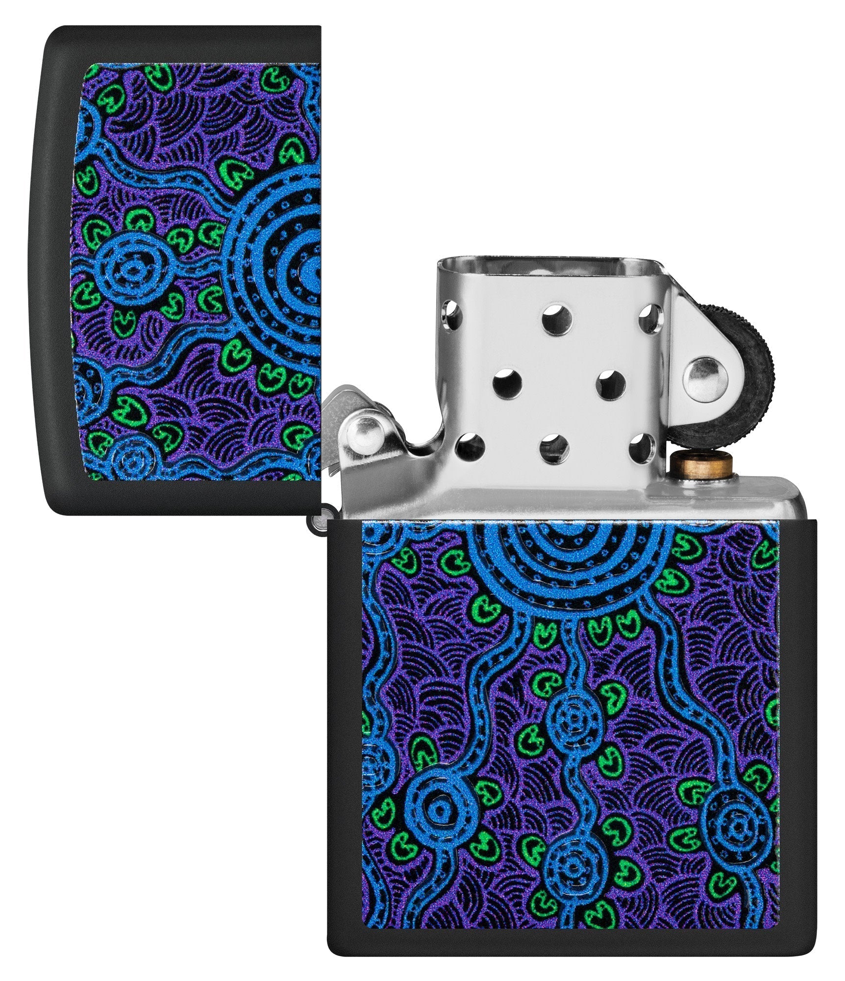 Zippo John Smith Gumbula Black Light Design Black Matte Windproof Lighter with its lid open and unlit.