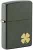 Front shot of Four Leaf Clover Green Matte Windproof Lighter standing at a 3/4 angle.