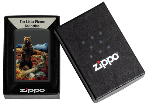 Zippo Linda Pickens Bear Design Black Matte Windproof Lighter in its packaging.