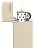 Slim® Flat Sand Zippo Logo Windproof Lighter with its lid open and lit.