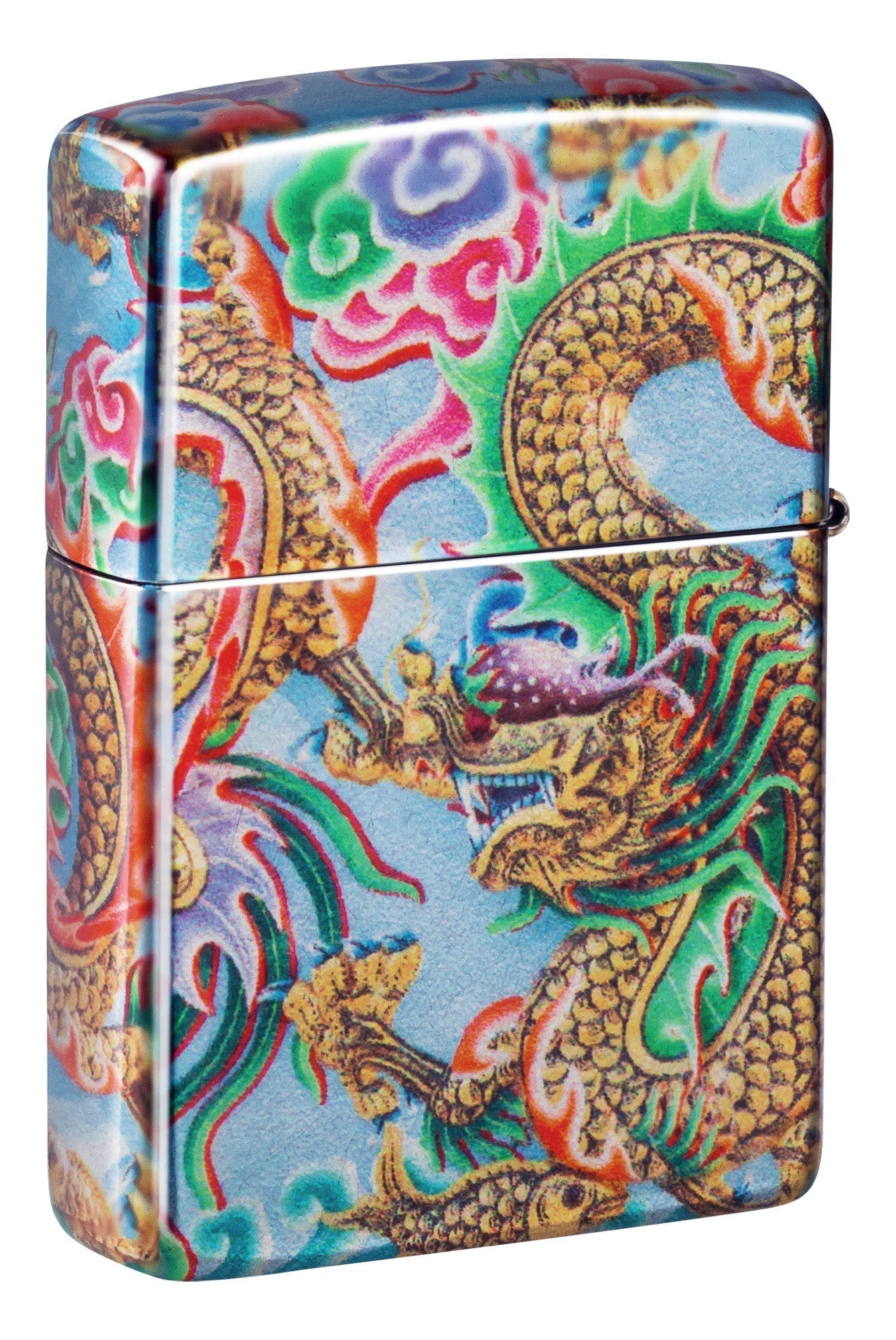 Back shot of Zippo Dragon Design 540 Fusion Windproof Lighter standing at a 3/4 angle.