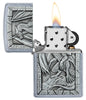 Dragon Emblem Design Street Chrome™ Windproof Lighter with its lid open and lit