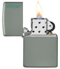 Classic Sage Zippo Logo Windproof Lighter with its lid open and lit.