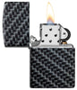 Carbon Fiber Design Windproof Lighter with its lid open and lit