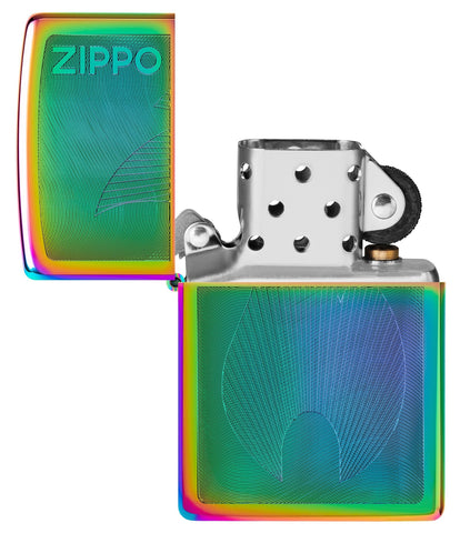 Zippo Dimensional Flame Design Multi Color Windproof Lighter with its lid open and unlit.