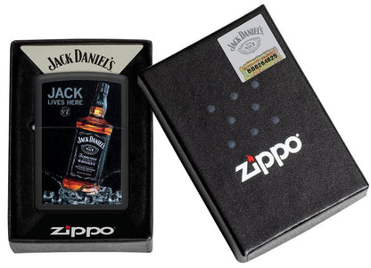 Jack Daniel's Jack Lives Here Black Matte Windproof Lighter in its packaging.