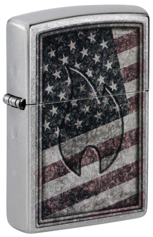 Front shot of Americana Flame Design Street Chrome™ Windproof Lighter standing at a 3/4 angle