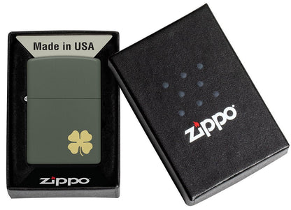 Four Leaf Clover Green Matte Windproof Lighter in its packaging.