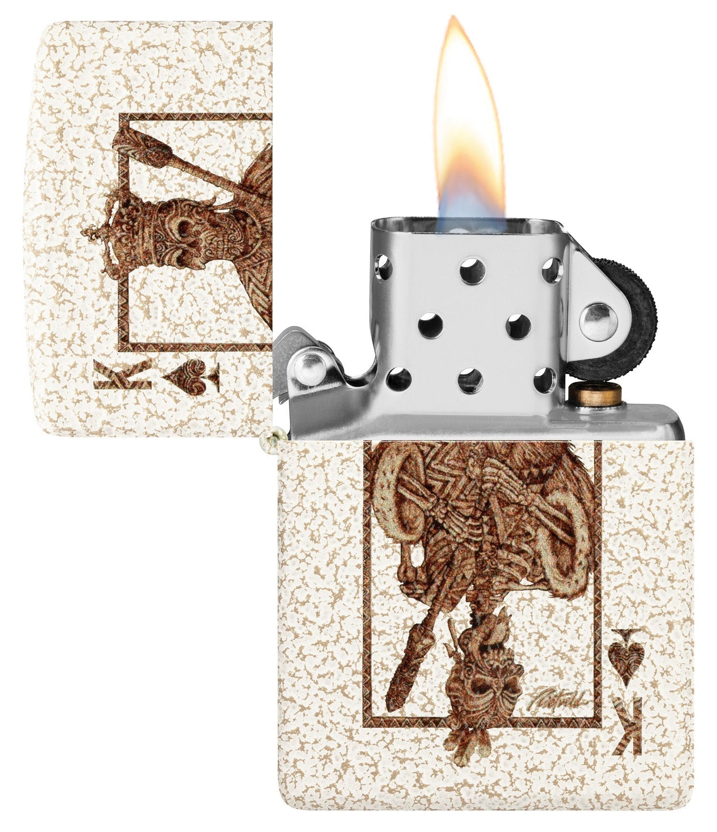 Zippo Rick Rietveld Ace Skull Design Mercury Glass Windproof Lighter with its lid open and lit.