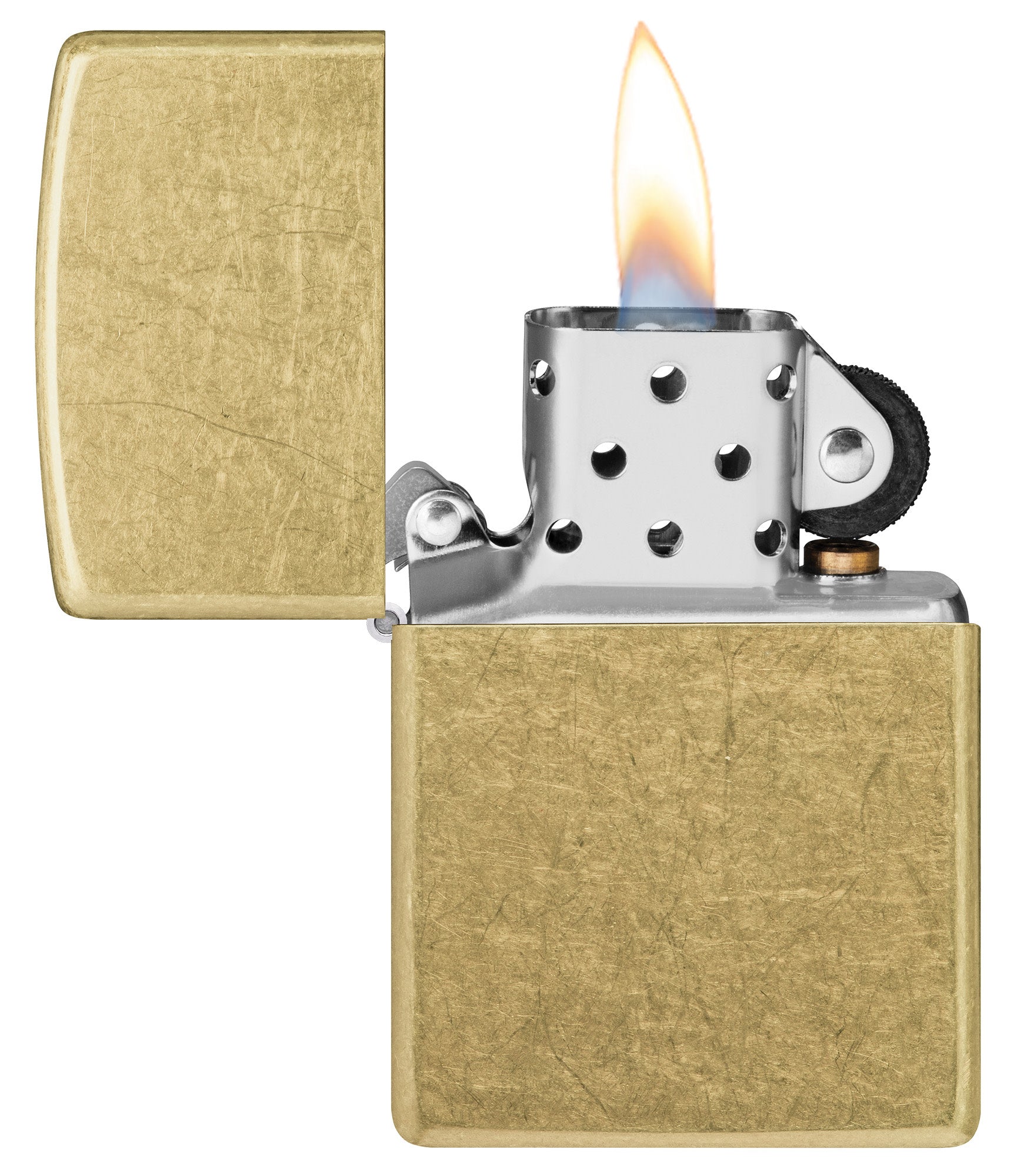 Zippo Street Brass Classic Windproof Lighter with its lid open and lit.