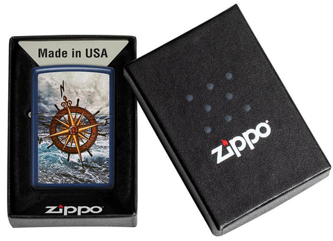 Compass Design Navy Matte Windproof Lighter in its packaging