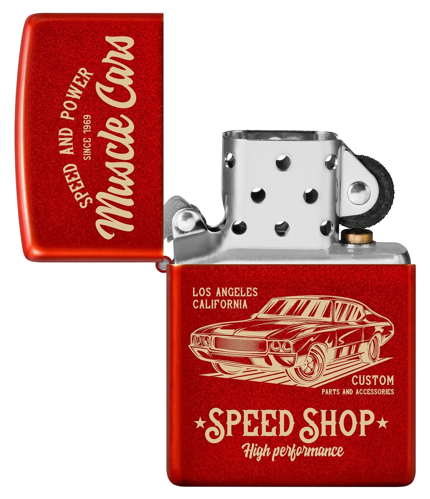 Zippo Muscle Car Design Metallic Red Windproof Lighter with its lid open and unlit.