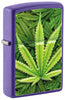 Front shot of Cannabis Design Texture Print Leaf Purple Matte Windproof Lighter standing at a 3/4 angle.