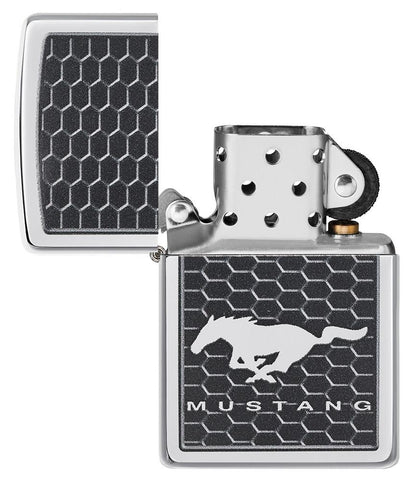 Ford Mustang Windproof Lighter with its lid open and unlit