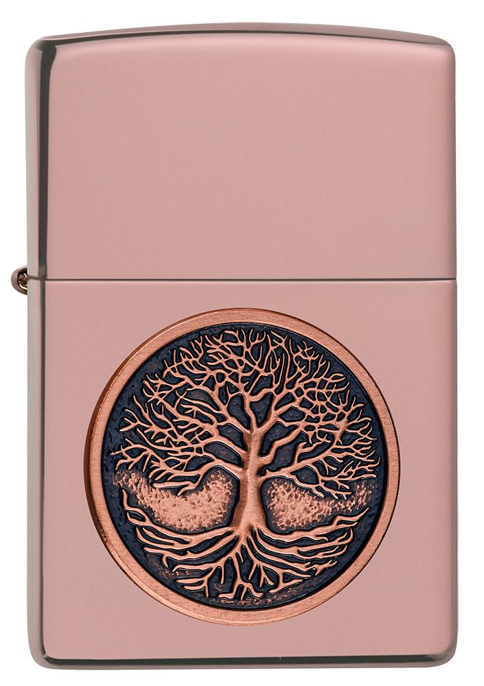 Front view of Tree of Life Emblem High Polish Rose Gold Windproof Lighter.